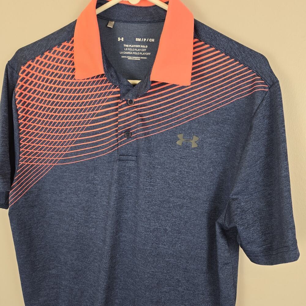 Under Armour Golf Shirt Mens SMALL Navy Blue Neon Orange Stripe The Playoff Polo - Picture 2 of 5